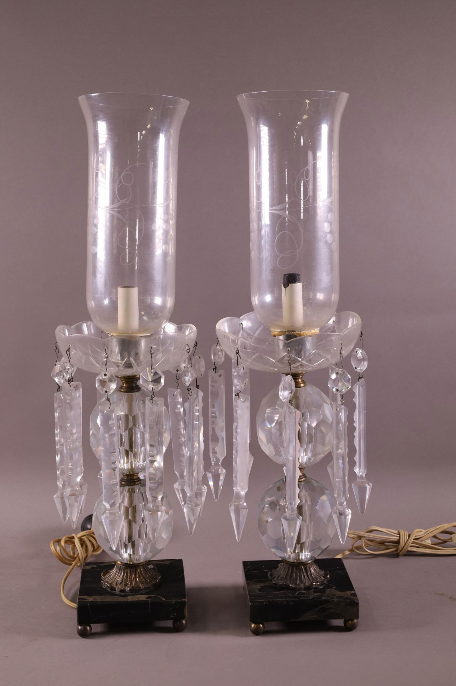 PAIR OF CRYSTAL PRISM MANTLE LAMPS: CRYSTAL PRISM, MANTLE LUSTERS. CHIPS TO SHADE, AND PRISMS. 22" H.