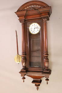 LARGE VICTORIAN 3 WEIGHT WALL CLOCK: THREE WEIGHT WALL CLOCK, WITH PENDULUM, VENEER DAMAGE, REPAIR TO BOTTOM. PENDULUM HAS CRACK 60" H. ALL CLOCKS ARE SOLD AS IS WE DO NOT GUARANTEE WORKING. THIS ITEM EXCEEDS SIZE LIMITATIONS FOR IN HOUS