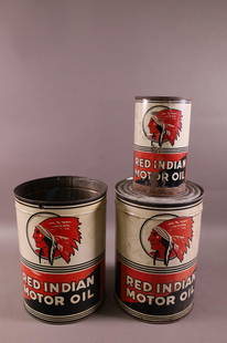 3 RED INDIAN OIL CANS: RED INDIAN MOTOR OIL. RUST.