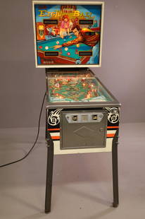 BALLY EIGHT BALL VINTAGE PINBALL MACHINE: VINTAGE BALLY EIGHT BALL PINBALL MACHINE. 25c MACHINE. LIGHTS UP, NO KEY. UNKNOWN WORKING ORDER, UNTESTED. THIS ITEM EXCEEDS SIZE LIMITATIONS FOR IN HOUSE SHIPPING.