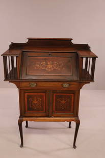 1900'S INLAID LADY'S WRITING DESK: DROP FRONT LADY'S WRITING DESK, FIITTED INTERIOR. REPAIRED LEG AND HINGES. MISSING TOP FINIALS. 34" W x 15" D x 44" H. THIS ITEM EXCEEDS SIZE LIMITATIONS FOR IN HOUSE SHIPPING.