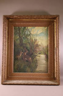 VICTORIAN LANDSCAPE PAINTING IN GOLD GILT FRAME: DEER OIL ON BOARD, UNSIGNED. DAMAGE TO CENTER RIGHT. GILT WEAR TO FRAME. 18 1/2" x 24" IMAGE SIZE / 28" x 33" IN FRAME.