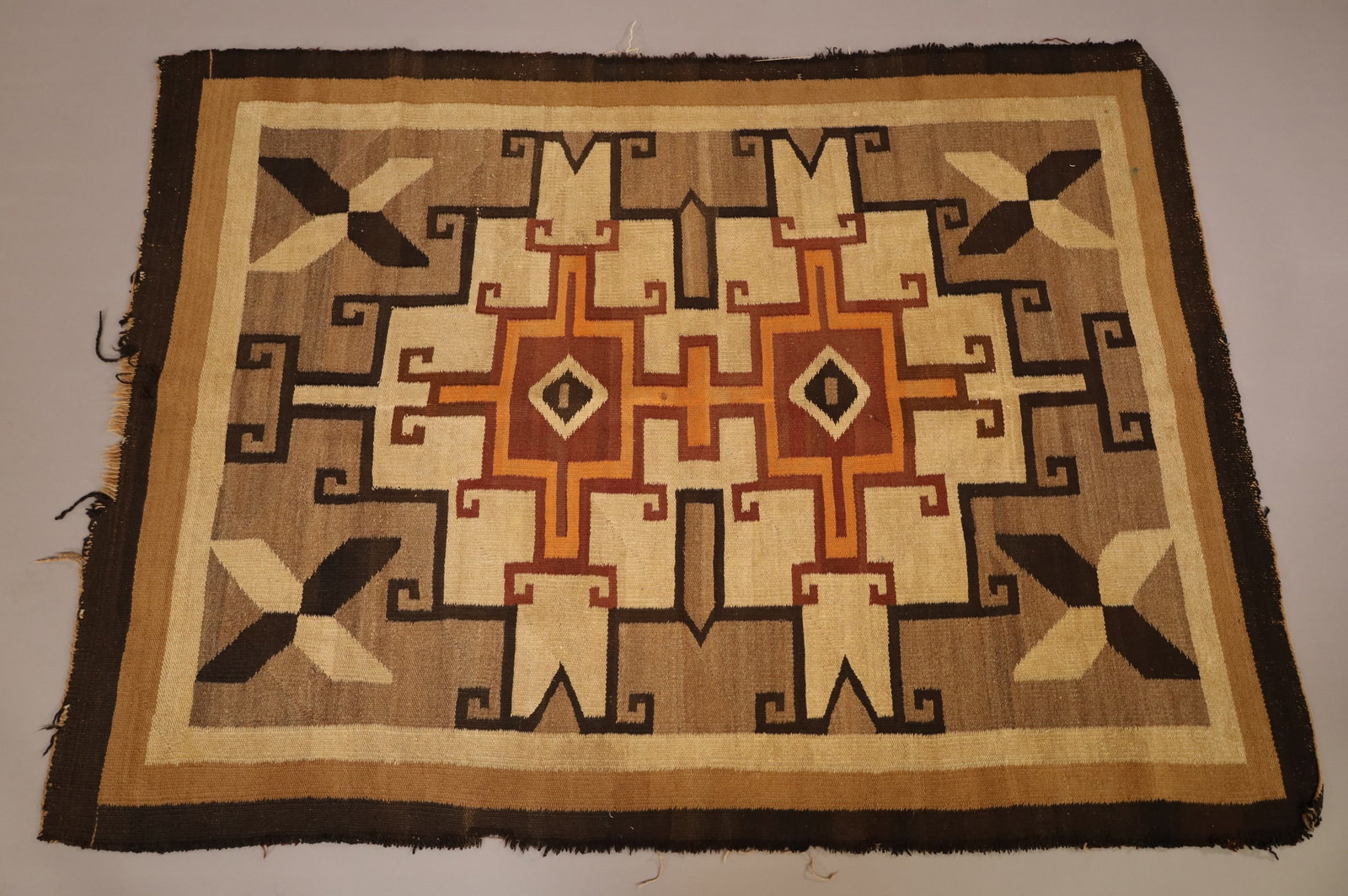 NATIVE AMERICAN NAVAJO RUG: 64" x 47" HANDMADE NAVAJO WEAVING. EDGE WEAR, NEEDS CLEANED.