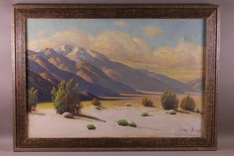 DESERT LANDSCAPE OIL PAINTING: OIL ON CANVAS, SIGNED ON VERSO PAUL GRIMM, D.D. EISENHOWER. "WATCHED ME PAINT THIS IN 1968". "ATTRIBUTED TO PAUL GRIMM, PAINTED FOR D.D. EISENHOWER. 20" x 30" IMAGE SIZE / 34" x 24" IN FRAME.