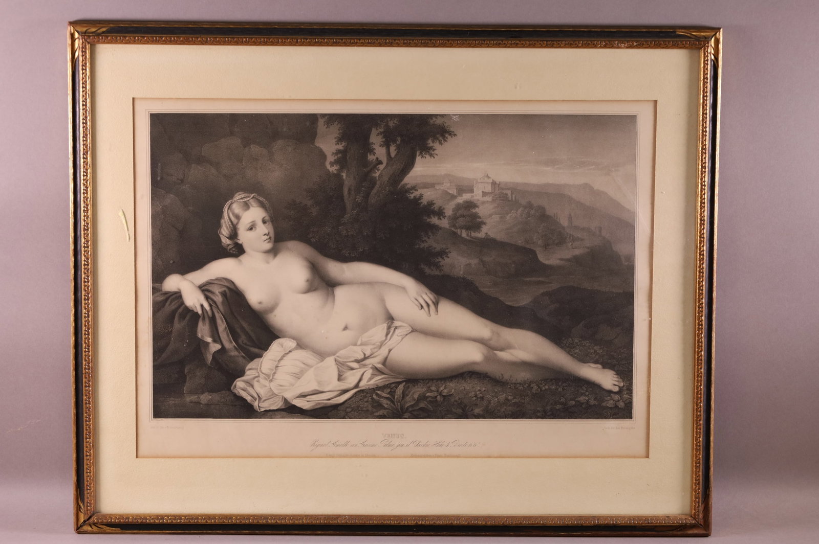 NUDE VICTORIAN ENGRAVING: FRAMED ENGRAVING UNDER GLASS, TITLED VENUS. 29" x 23" IN FRAME