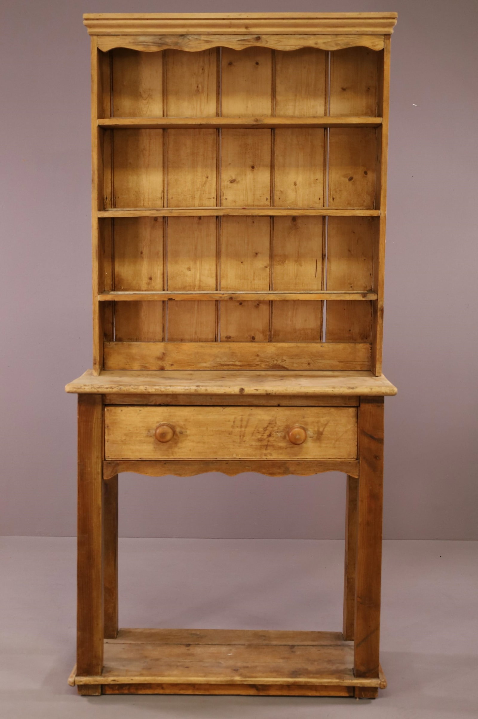 NARROW PRIMITIVE PINE STEPBACK CUPBOARD (1 of 3)