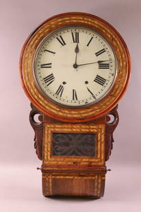 ANTIQUE INLAID WALL CLOCK: REGULATOR STYLE WALL CLOCK, INLAID CASE, WITH KEY AND PENDULUM. ALL CLOCKS ARE SOLD AS IS WE DO NOT GUARANTEE WORKING ORDER. 28" H. THIS ITEM EXCEEDS SIZE LIMITATIONS FOR IN HOUSE SHIPPING.