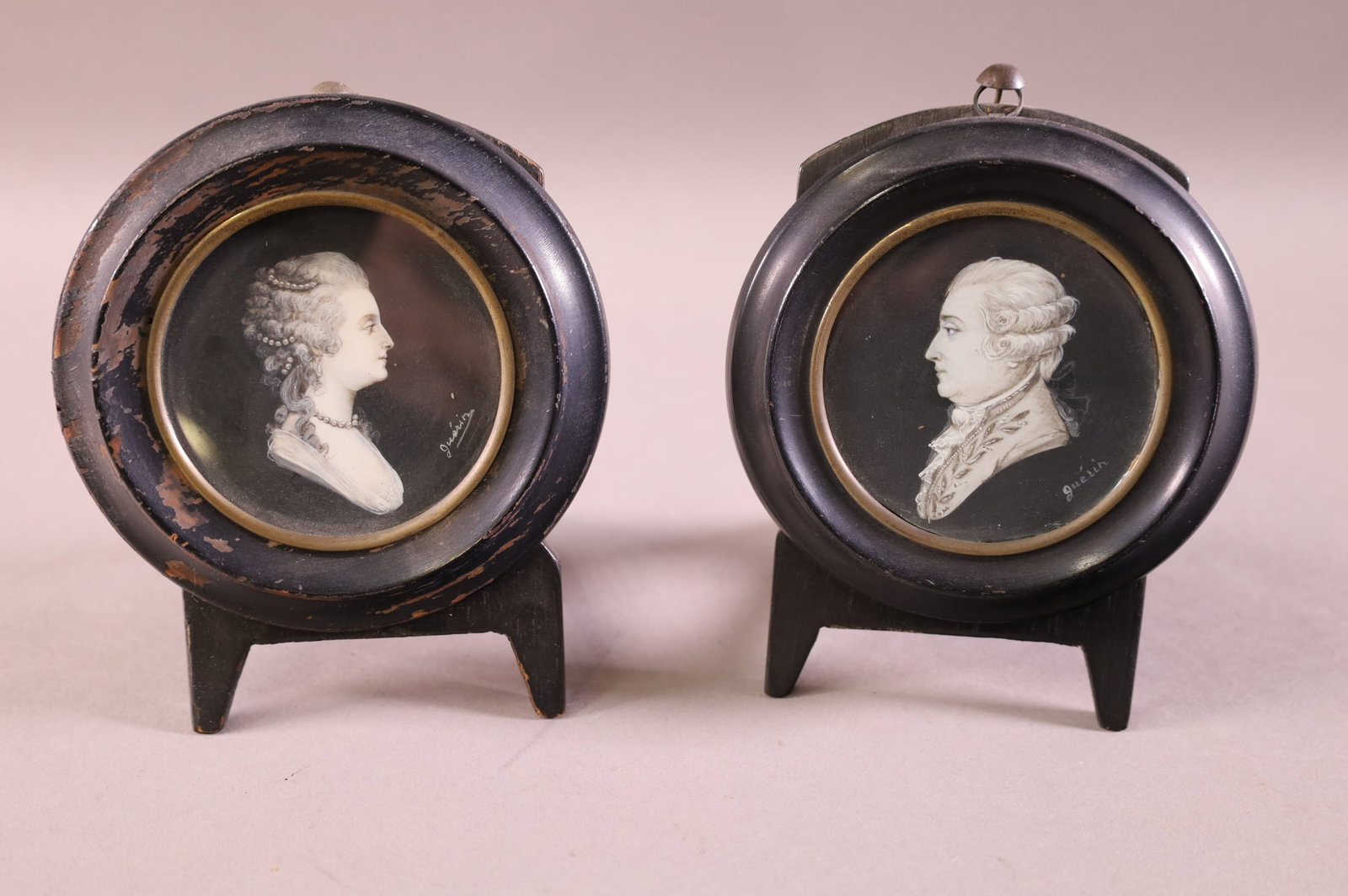 PAIR OF 19TH CENTURY SILHOUETTE PAINTINGS: PAIR OF MINIATURE 19TH CENTURY SILOUETTE PAINTINGS. SOME PAINT LOSS ON THE FRAMES. 5 1/2" HIGH.