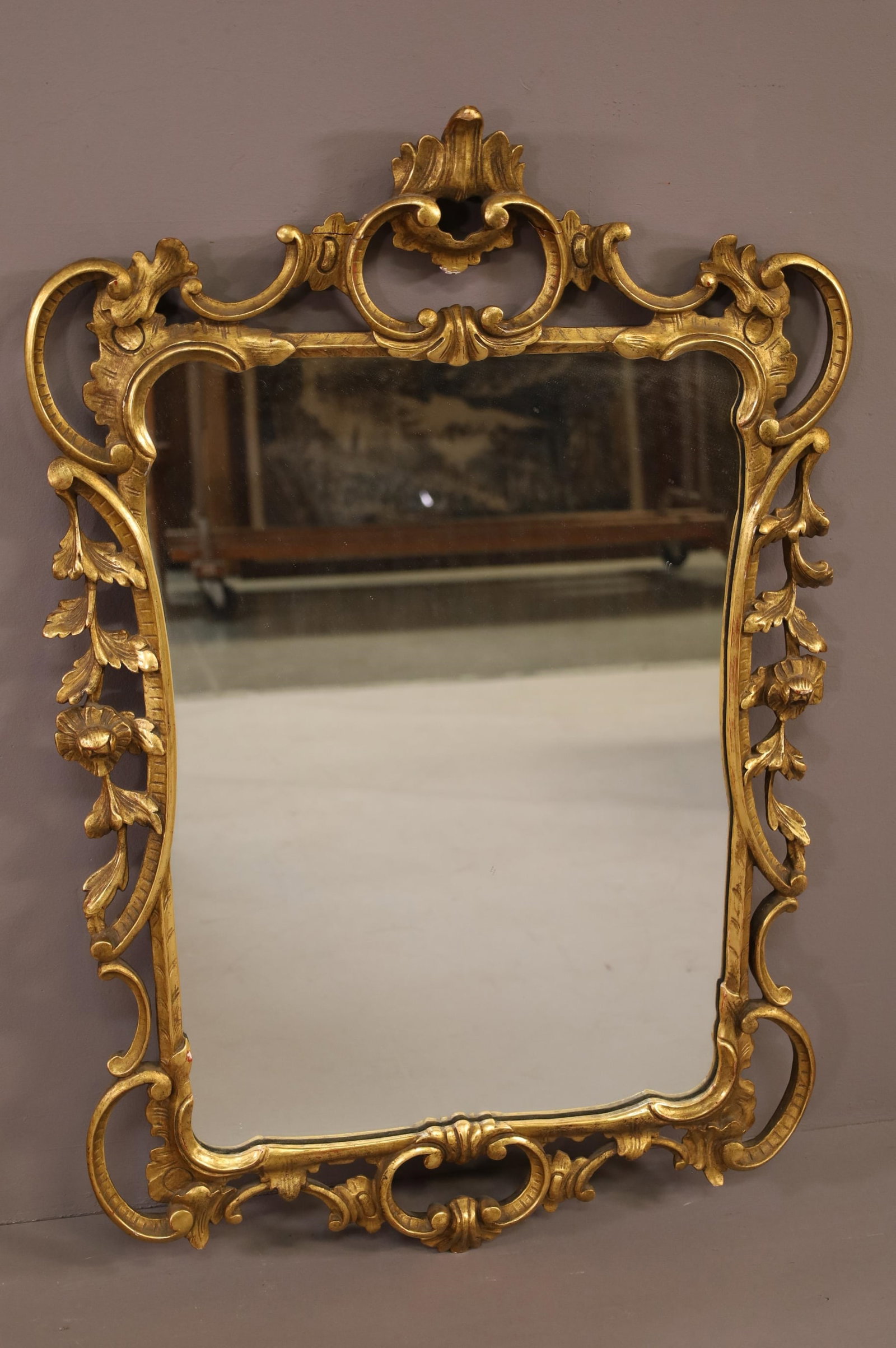 ITALIAN WALL MIRROR: WOOD. REPAIR TO TOP. 24 1/2" X 37"