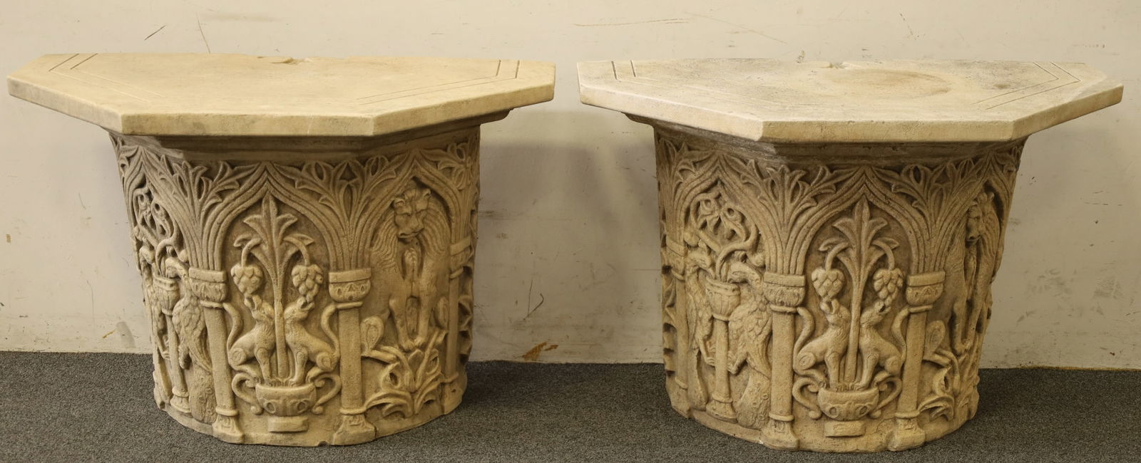 PAIR OF ITALIAN TERRACOTTA CONSOLE TABLES: 42" X 21" X 29". VERY HEAVY!!!! THIS ITEM EXCEEDS SIZE LIMITATIONS FOR IN HOUSE SHIPPING.