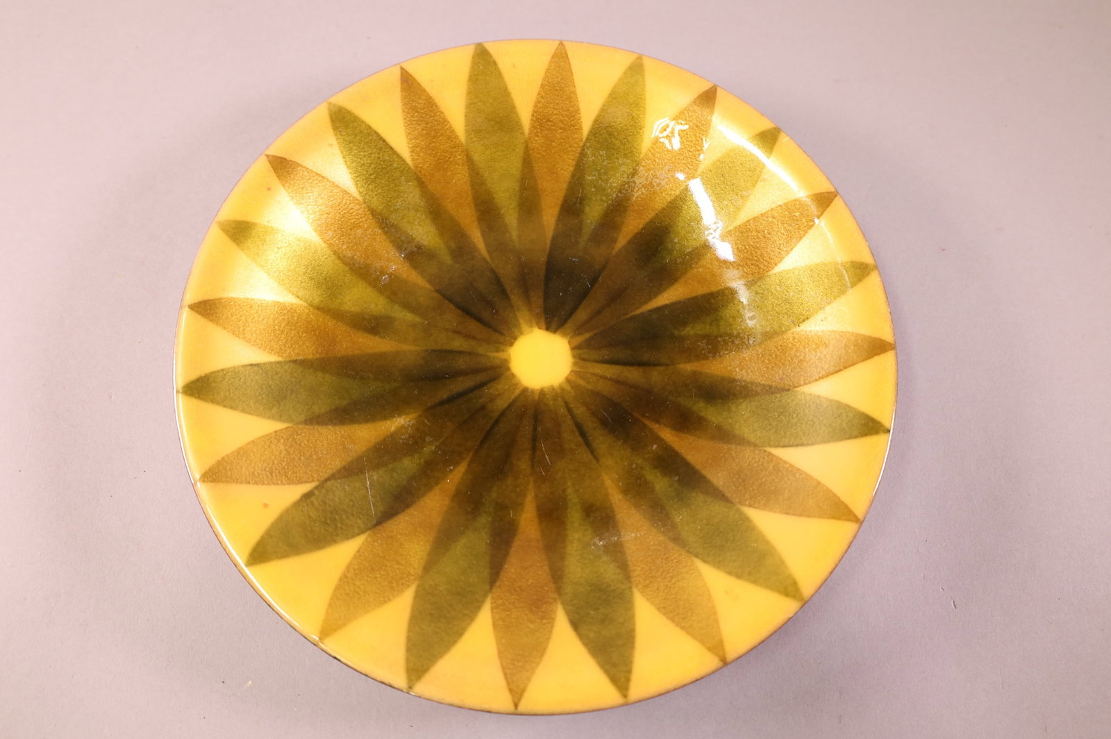 MID CENTURY ENAMEL CENTER BOWL: MID CENTURY MODERN ENAMEL CENTER BOWL, SIGNED ANNEMARIE DAVIDSON. 11 1/2" DIAM.