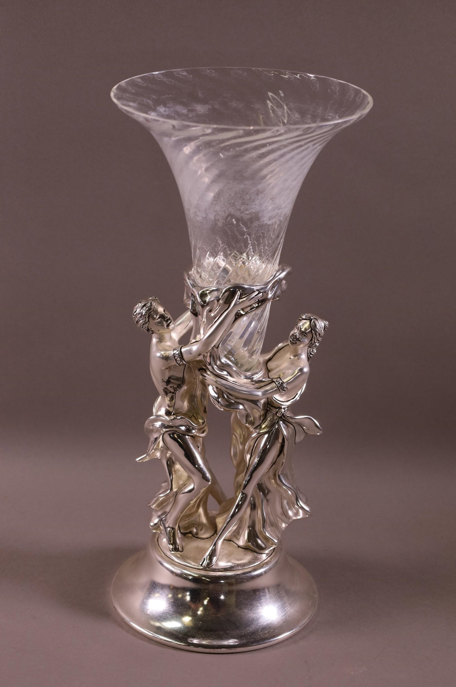 ART NOUVEAU EPERGNE: MARCELLO GIORGIO ART NOUVEAU FIGURES WITH CENTER VASE. 17" H.