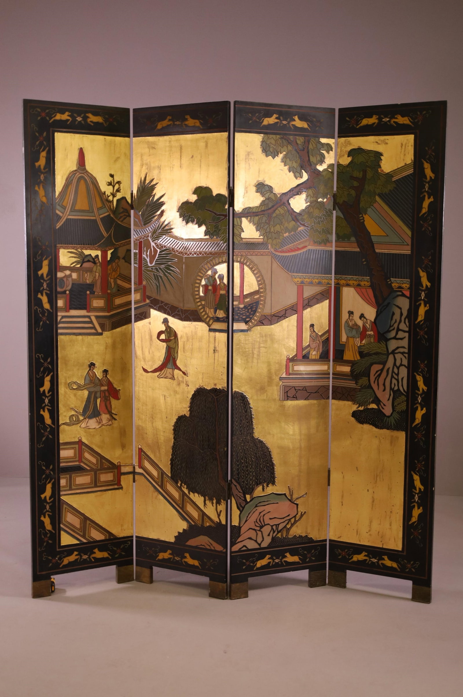 CHINESE BLACK LACQUER 4 PANEL SCREEN (1 of 6)