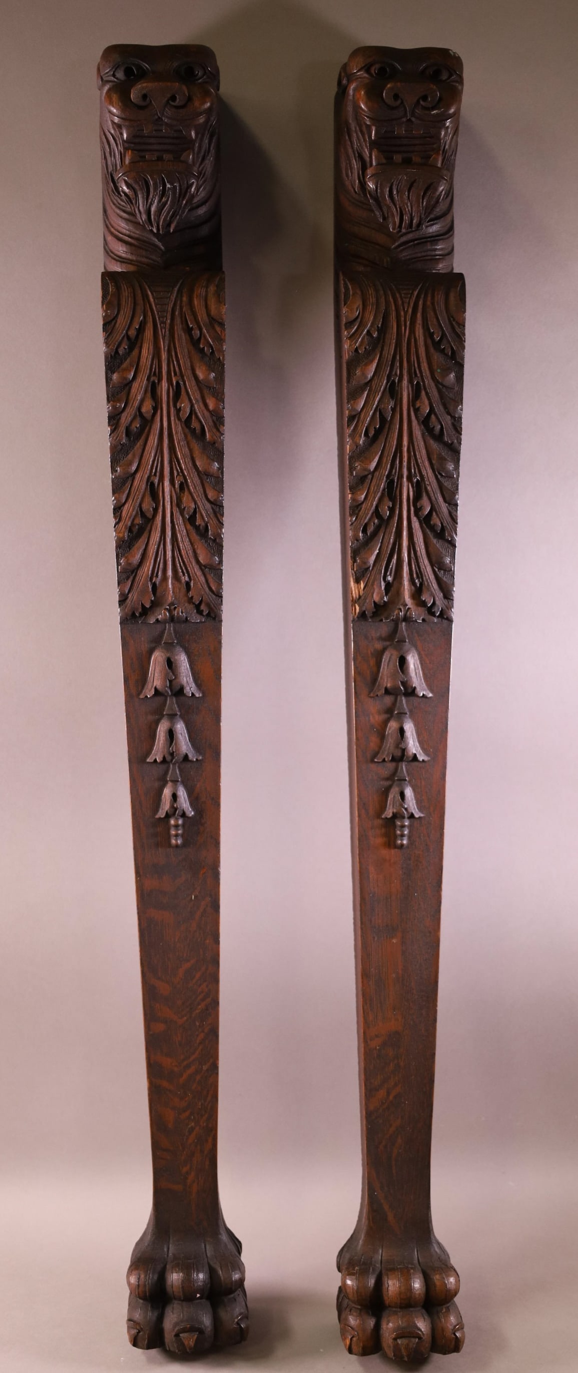 PAIR ANTIQUE CARVED OAK LION CORBELS (1 of 3)