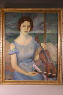 ANTIQUE PORTRAIT OF A LADY WITH VIOLIN PAINTING: OIL ON CANVAS. PAINT LOSS THROUGHOUT. PAINTING IS 30" X 38". FRAME IS 34" X 42 1/2". THIS ITEM EXCEEDS SIZE LIMITATIONS FOR IN HOUSE SHIPPING.