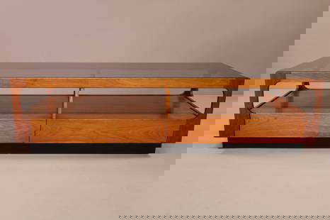 MID CENTURY BROWN SALTMAN COFFEE TABLE: MID CENTURY MODERN SMOKED GLASS COFFEE TABLE DESIGNED BY JOHN KEAL FOR BROWN SALTMAN. SINGLE LOWER DRAWER. 60" L x 24" W x 16" H. THIS ITEM EXCEEDS SIZE LIMITATIONS FOR IN HOUSE SHIPPING.