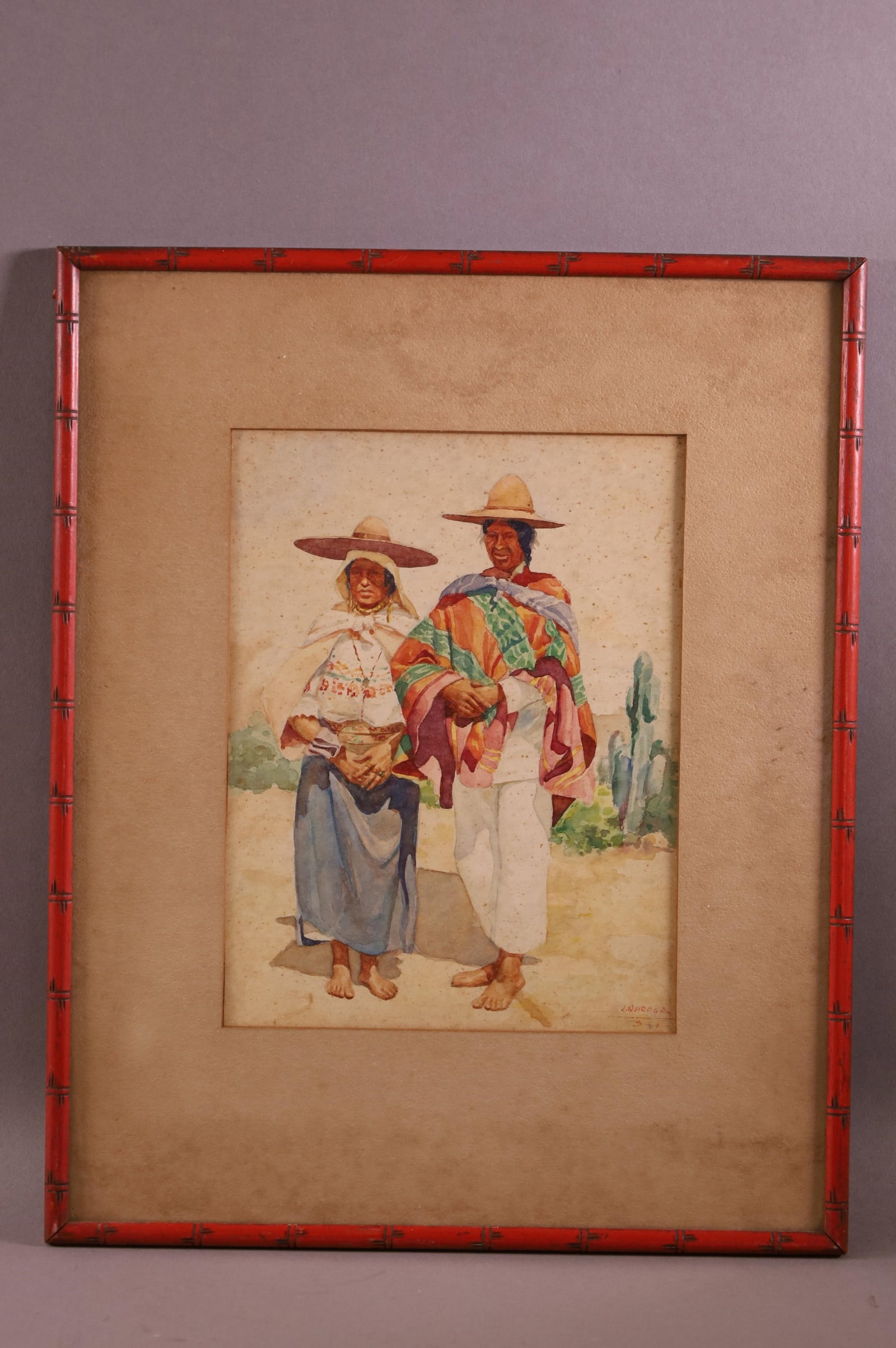 ANTIQUE MEXICAN MOTIF WATERCOLOR: WATERCOLOR FRAMED UNDER GLASSS, SIGNED QUIROGA, HEAVY FOXING TO PAITNING AND MATING. 13" x 15" IN FRAME