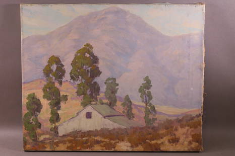 ANTIQUE CALIFORNIA LANDSCAPE: UNFRAMED OIL ON CANVAS, UNSIGNED. CALIFORNIA LANDSCAPE PAINTING. 22" x 18" IMAGE SIZE