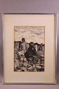 ANTIQUE DRAWING: SIGNED MERCADO, INK DRAWING. FRAMED UNDER GLASS. 7" x 11" IMAGE SIZE / 13" x 17" IN FRAME