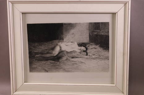 1893 FRAMED ENGRAVING OF 2 NUDES: DATED 1893, CHICAGO 1892 WORLD EXPOSITION STAMP IN LOWER LEFT. 12" x 7" IMAGE SIZE / 17" x 14" IN FRAME.