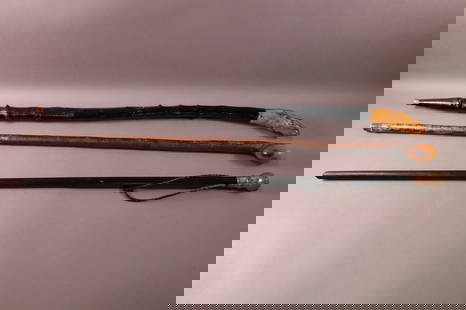 3 WALKING STICKS: 2 HAND CARVED WOODEN WALKING STICKS, & VICTORIAN GOLD PLATED WALKING STICK, (BROKEN AT BASE). 33" - 36" L.