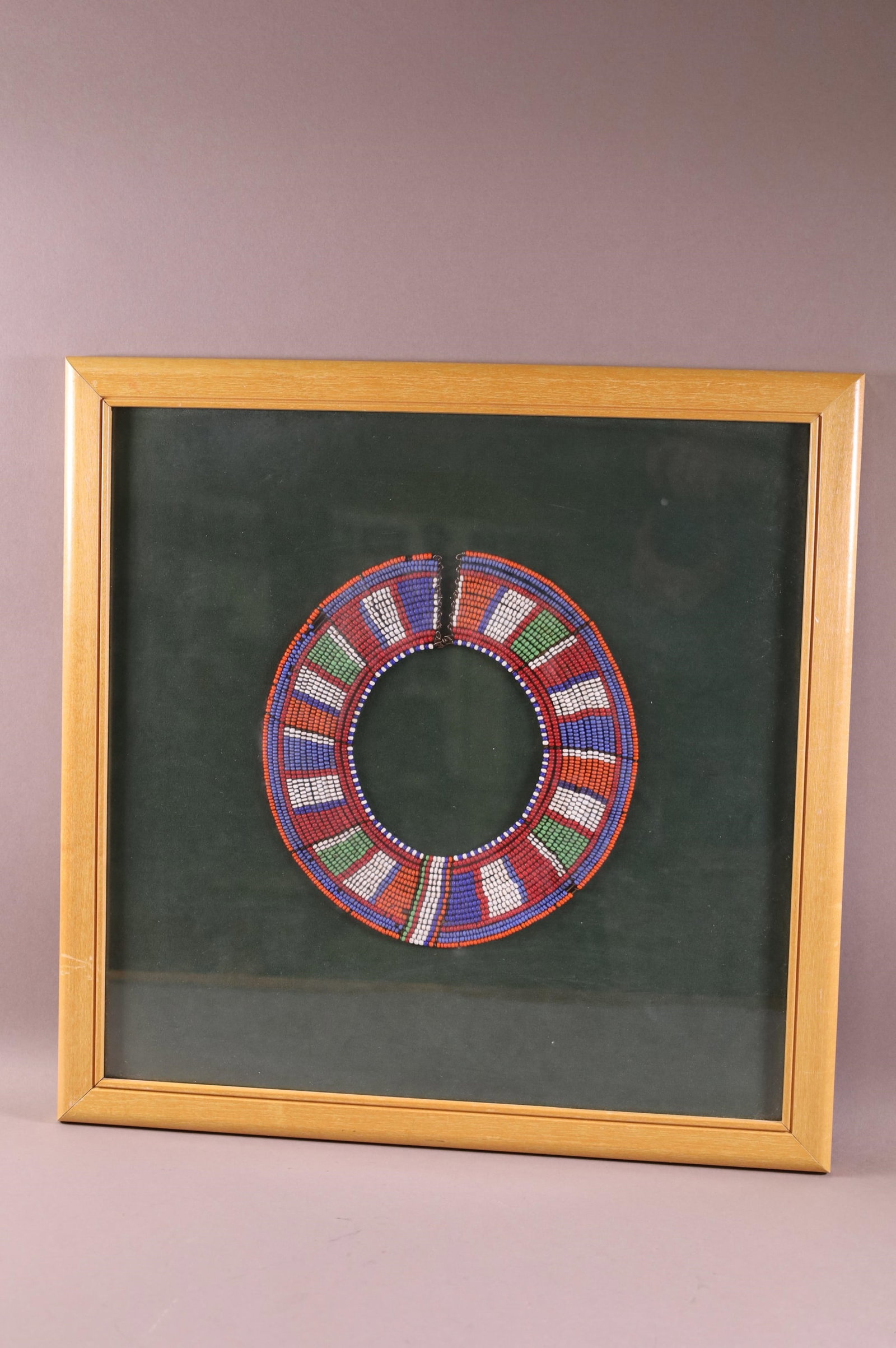 MAASAI AFRICAN BEADED TRIBAL COLLAR: IN CUSTOM FRAME, AFRICAN BEADED TRIBAL COLLAR. 20" x 20";