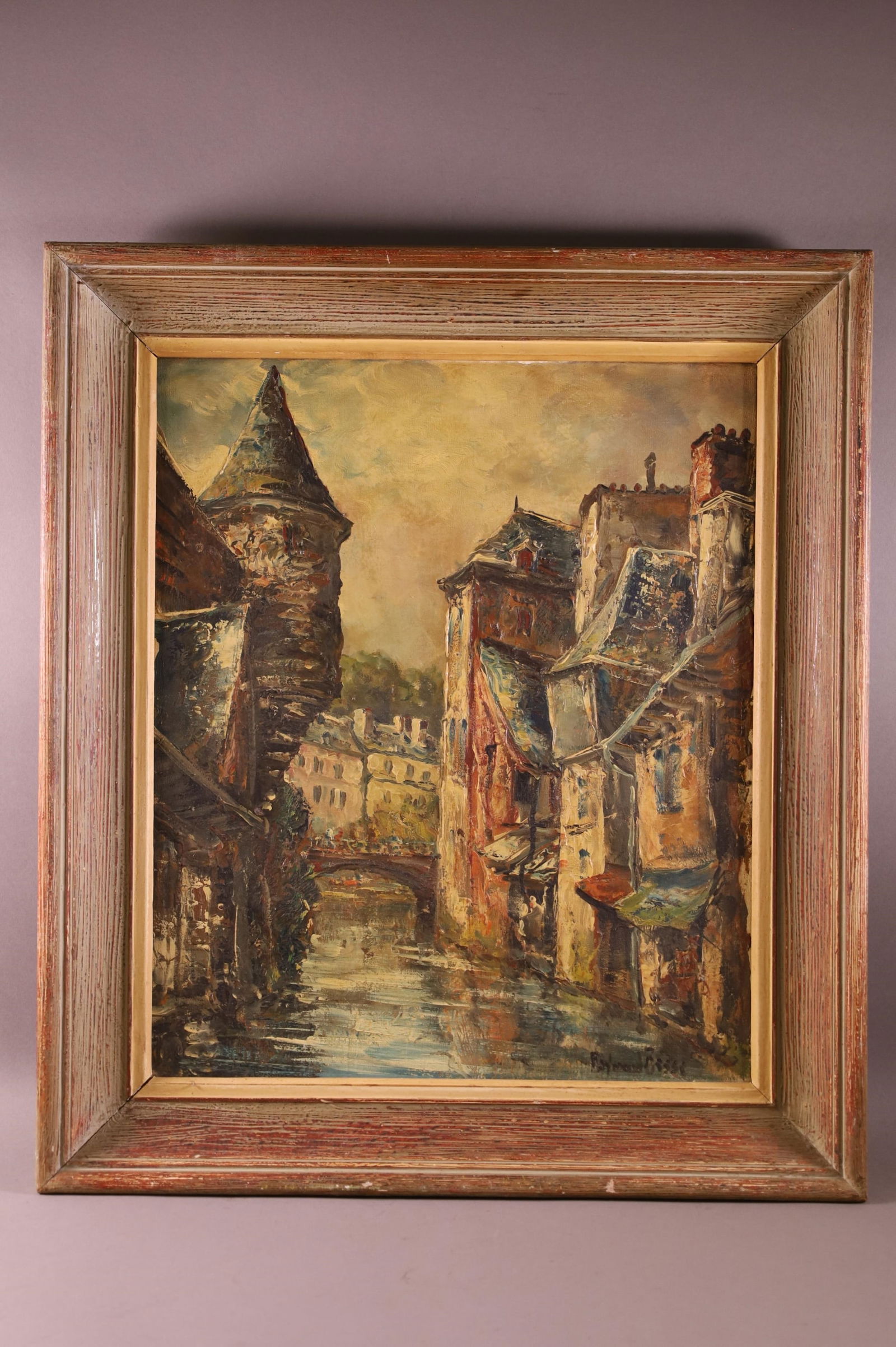 RAYMOND BESSE CANEL SCENE OIL PAINTING: OIL ON CANVAS, SIGNED LOWER RIGHT, TITLED ON VERSO. 18" x 22" IMAGE SIZE / 24" x 27" IN FRAME.