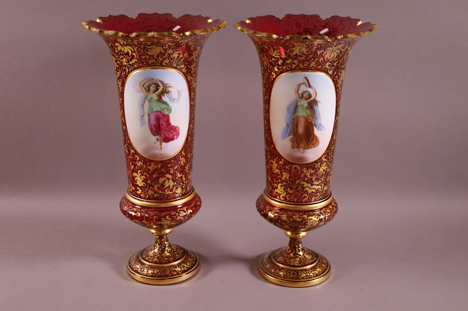 PAIR OF BOHEMIAN PORTRAIT CRANBERRY GLASS VASES (1 of 3)
