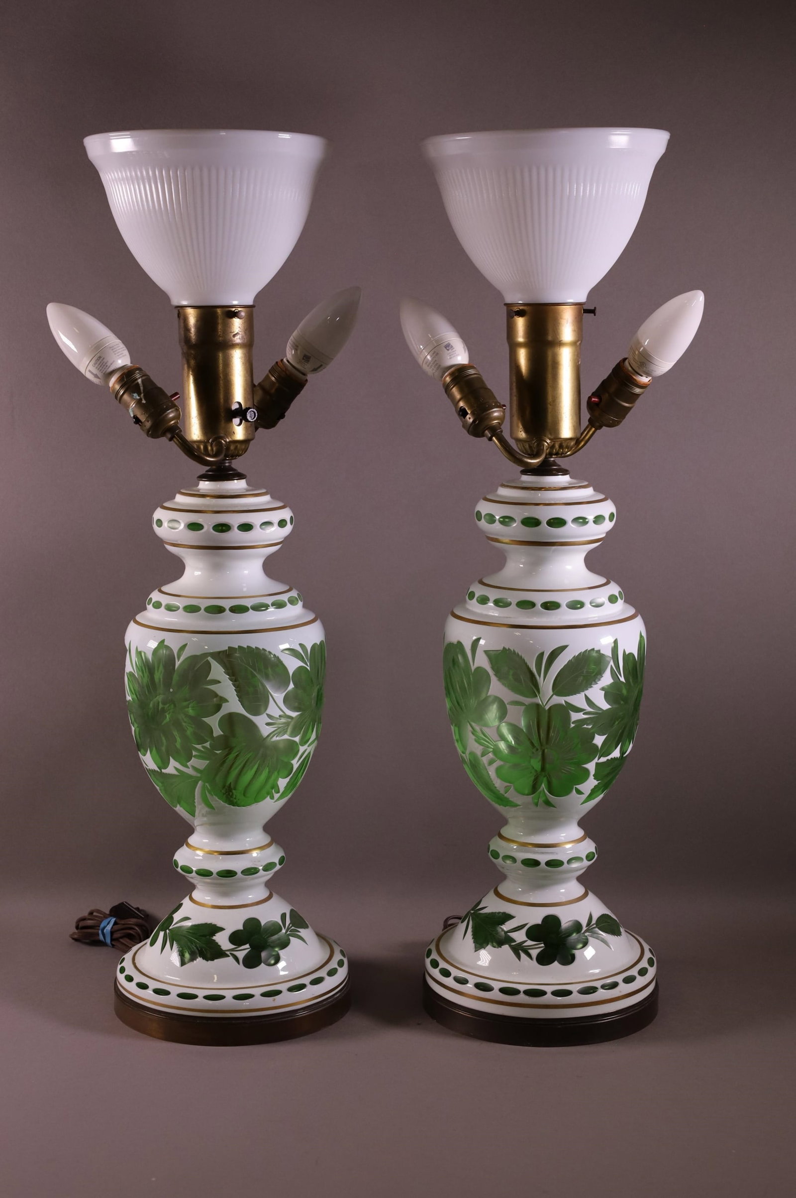 PAIR OF BOHEMIAN GLASS LAMPS: BOHEMIAN CZECH WHITE AND GREEN TABLE LAMPS, MILK GLASS SHADES. 29" H.
