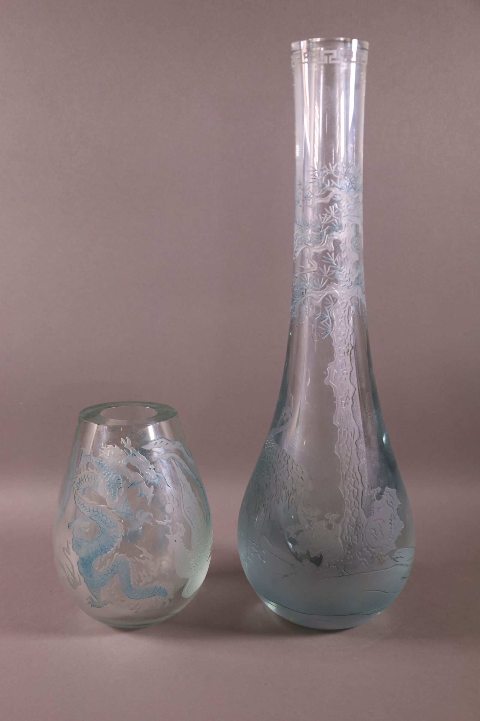 2 Japanese Etched Glass Vases Auction
