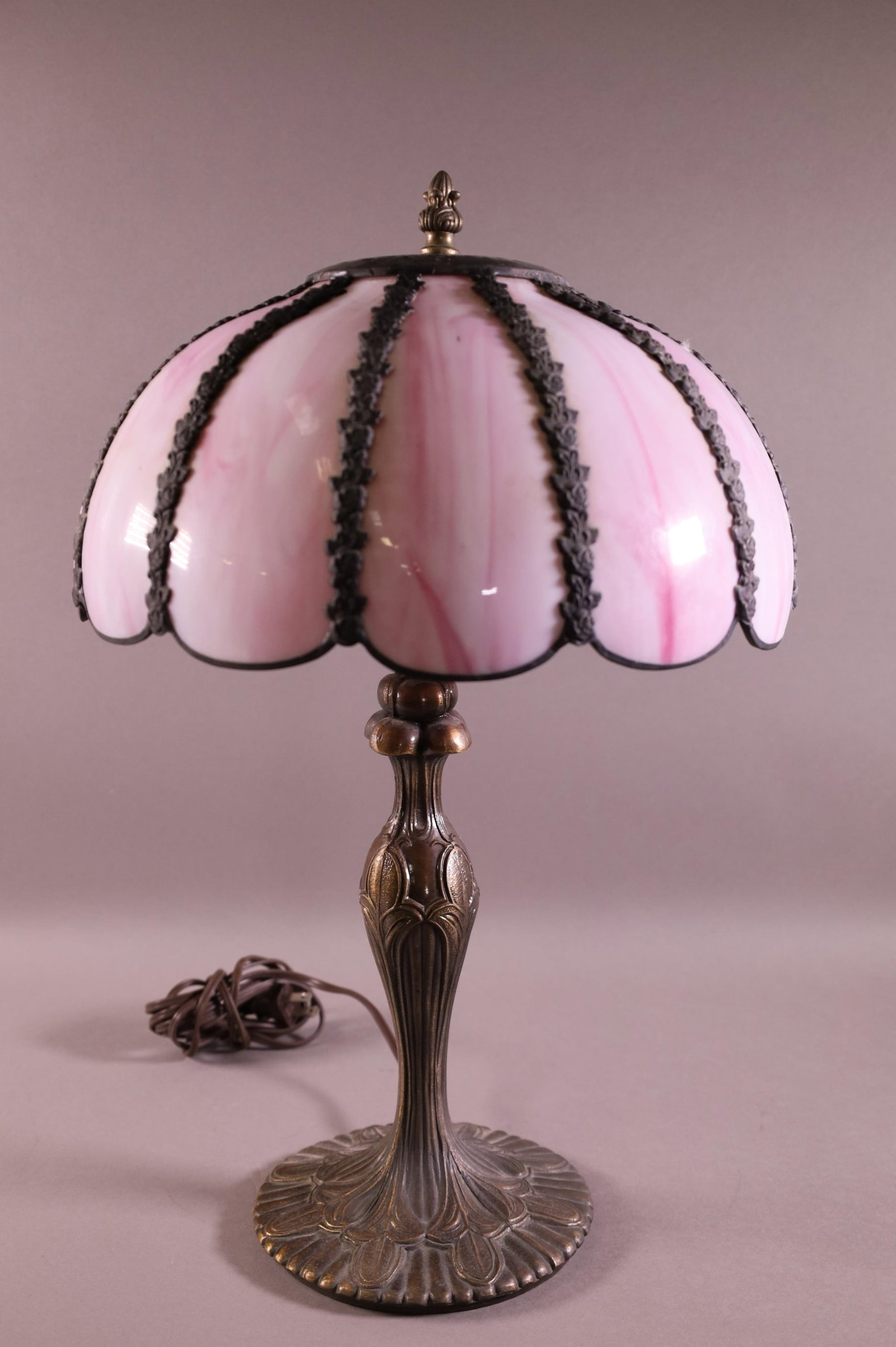 PINK SLAG GLASS LAMP: PINK SLAG GLASS LAMP, 12" DIAM SHADE & 20" H.