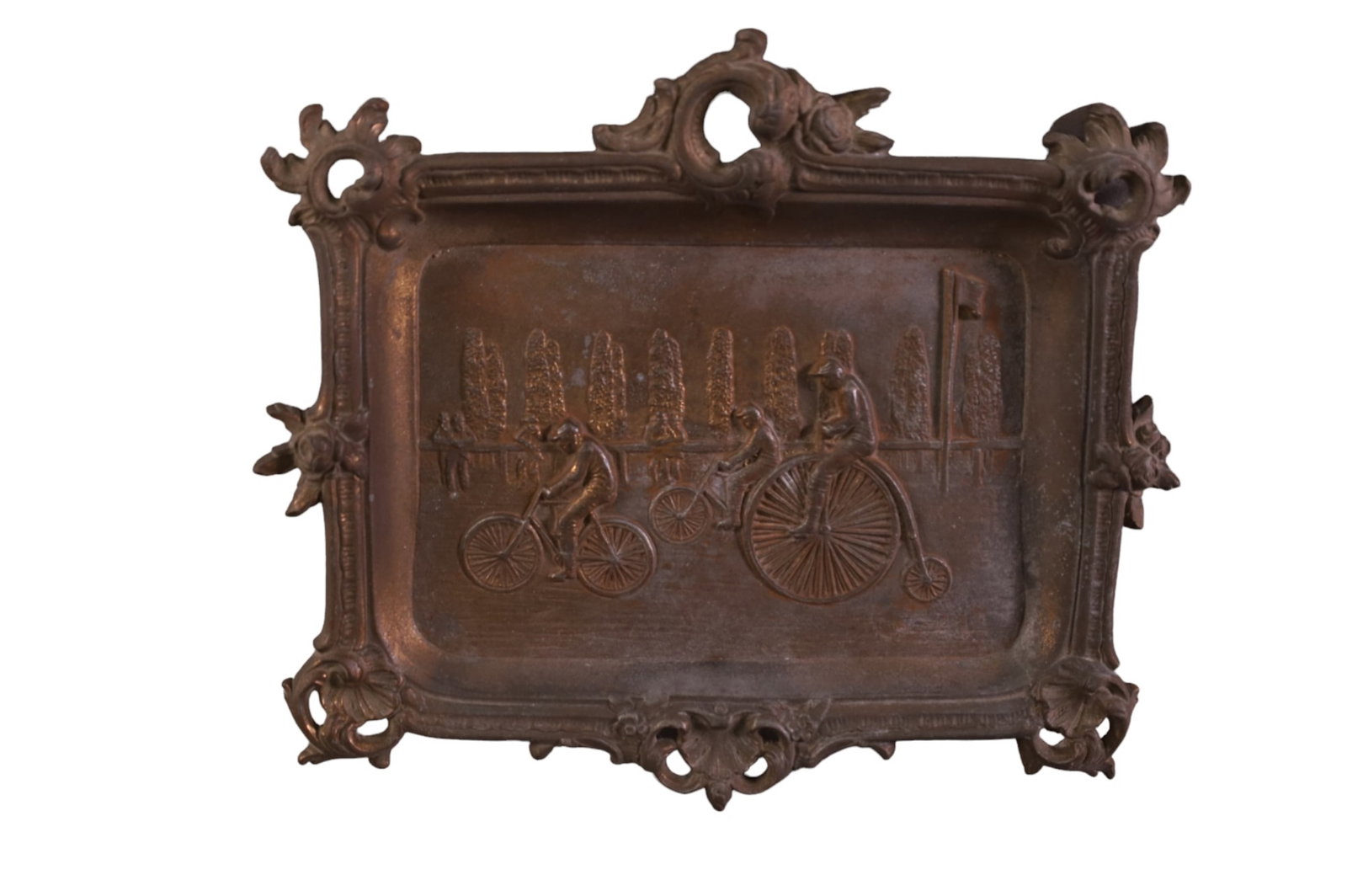 ANTIQUE BICYCLE MOTIF CAST METAL DRESSER TRAY (1 of 2)