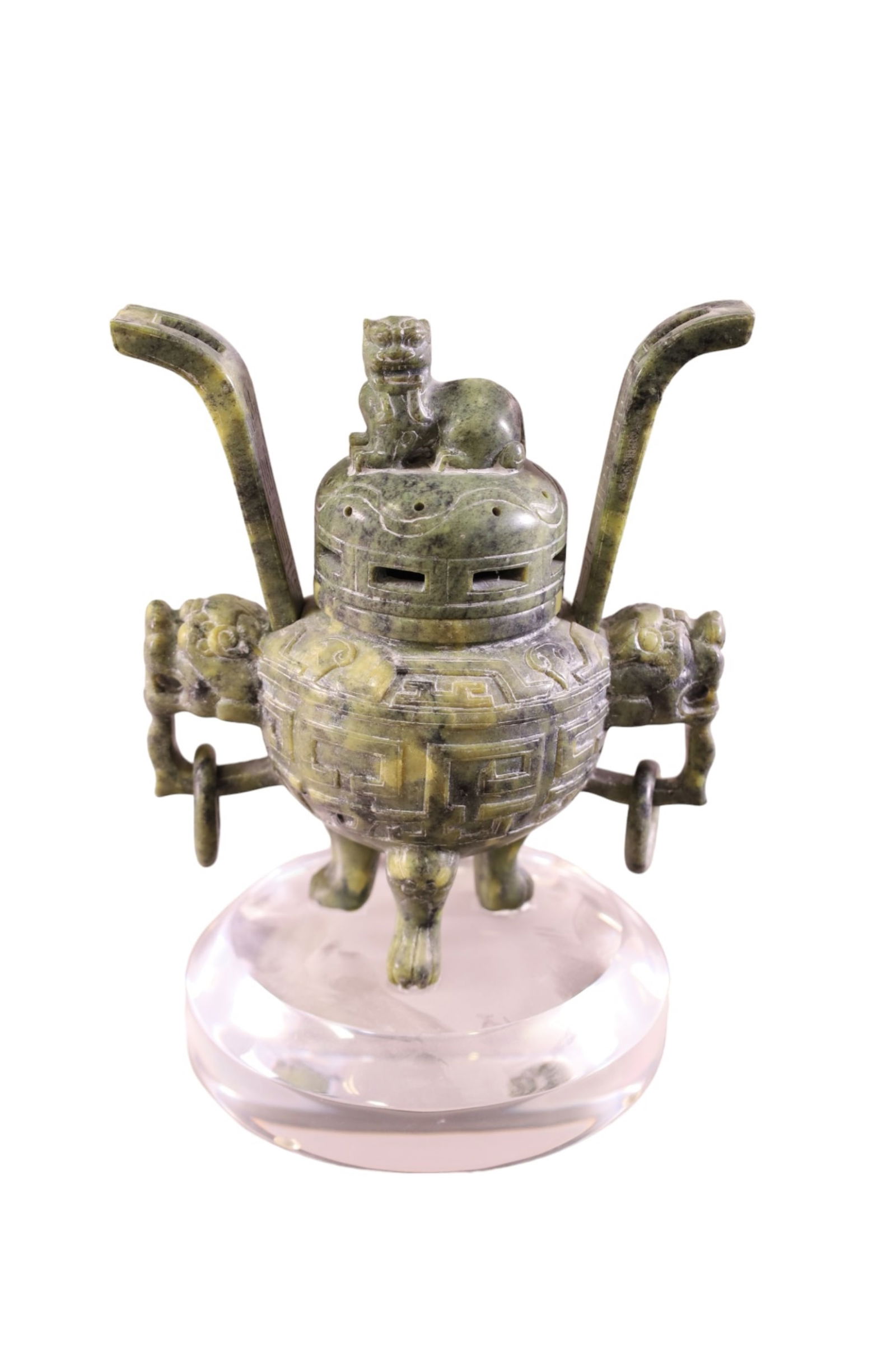 SOAPSTONE CENSER: ON LUCITE BASE, VINTAGE CARVED SOAPSTONE CENSER. 9" H.