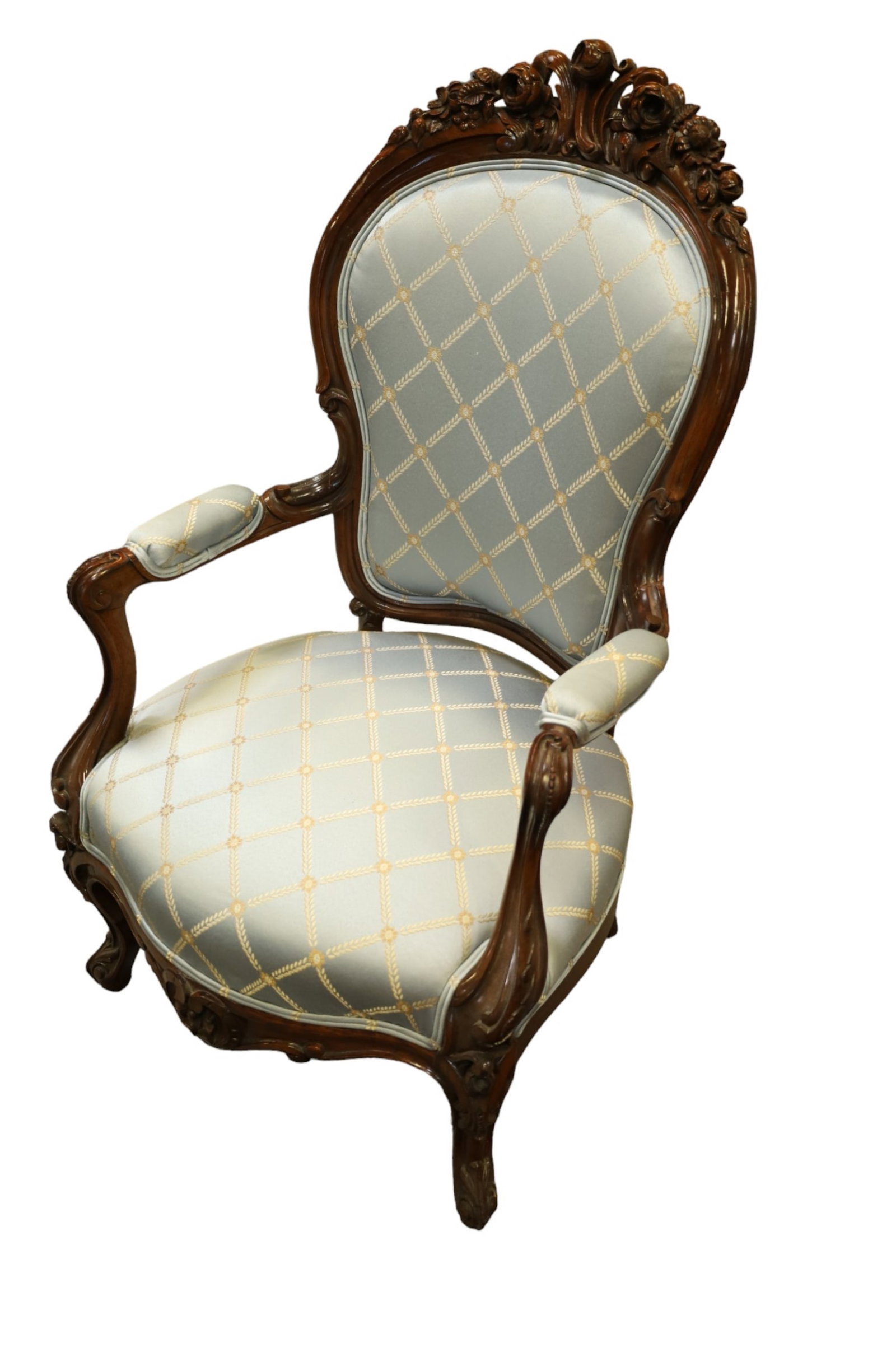 VICTORIAN ARMCHAIR: NEWLY UPHOLSTERED. MINOR WEAR TO FINISH. 23" W x 22" D x 40" H. THIS ITEM EXCEEDS SIZE LIMITATIONS FOR IN HOUSE SHIPPING.