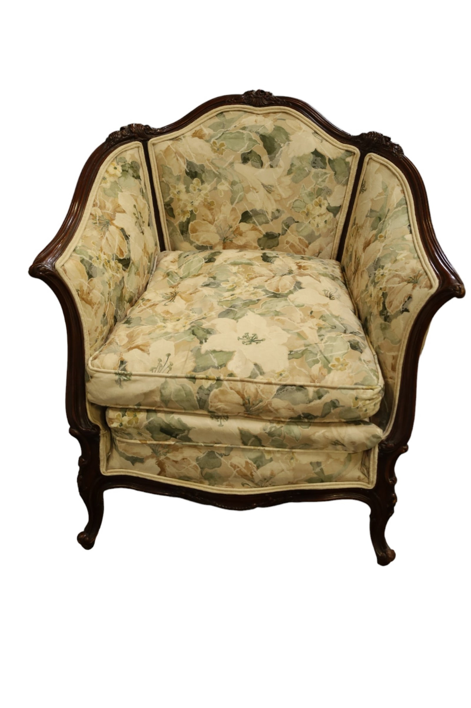 FRENCH STYLE PARLOR CHAIR: CARVED FRAME, FRENCH STYLE PARLOR CHAIR. 33'" W x 31" D x 32" H. THIS ITEM EXCEEDS SIZE LIMITATIONS FOR IN HOUSE SHIPPING.
