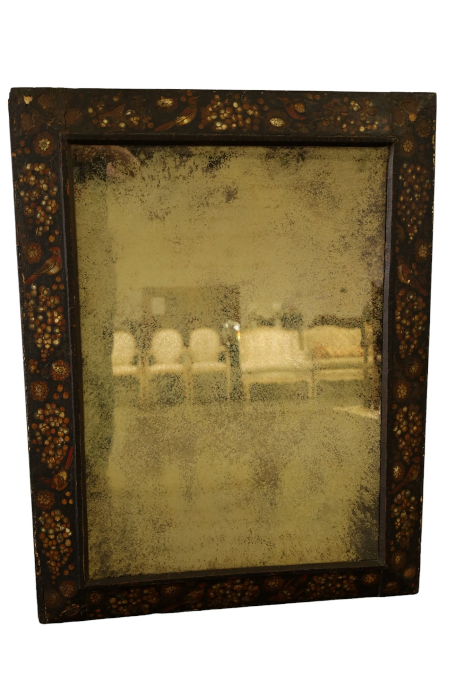 19TH CENTURY ITALIAN WALL MIRROR: MOTHER OF PEARL INLAID, BIRD AND GRAPE DECORATED ITALIAN WALL MIRROR. SOME MISSING INLAY. 34" x 45" THIS ITEM EXCEEDS SIZE LIMITATIONS FOR IN HOUSE SHIPPING.