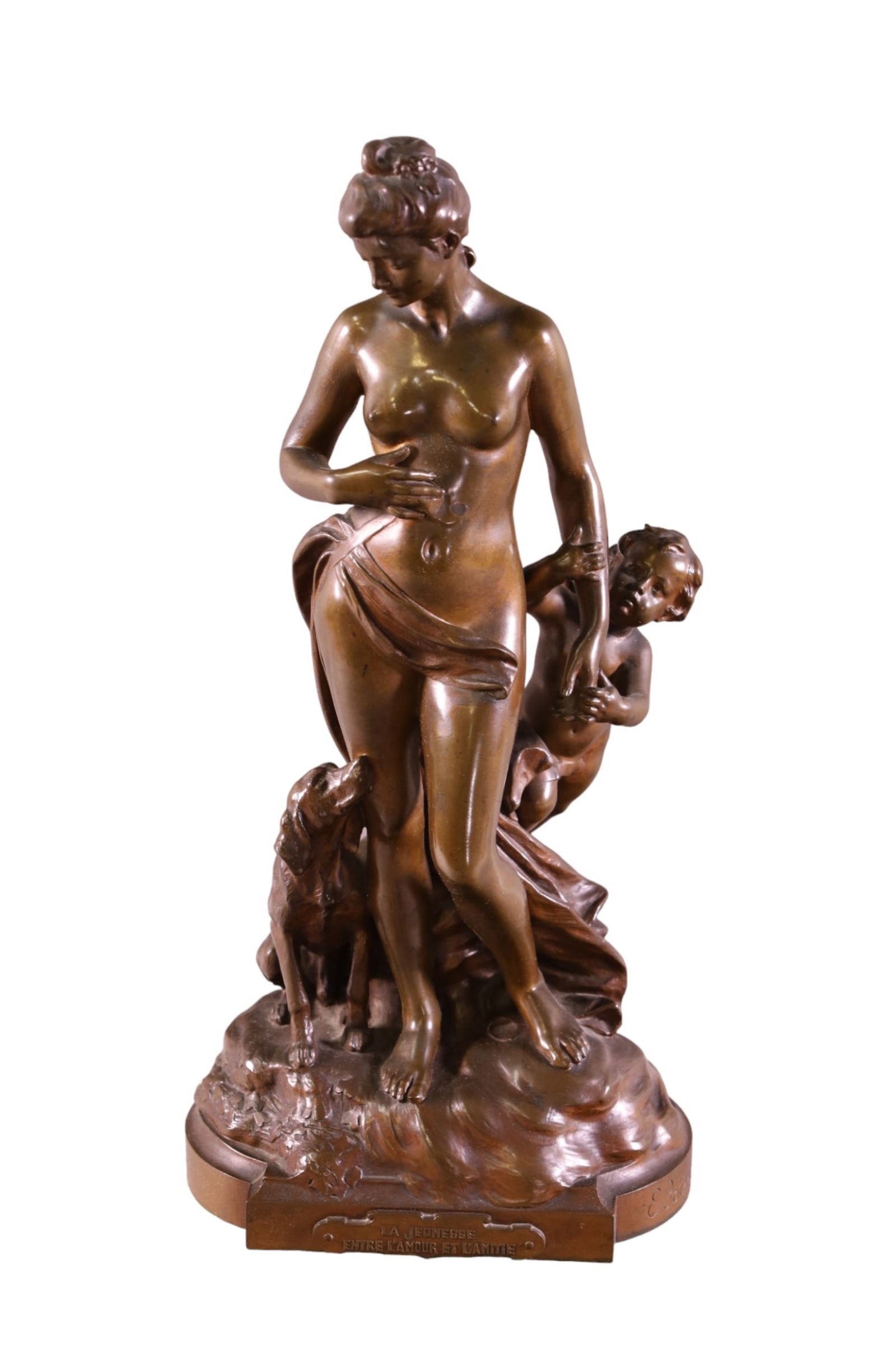 ANTIQUE FRENCH BRONZE LADY W/ DOG STATUE: LA JEUNESSE BY E. BOISSEAU. NUDE FIGURE WITH DOG. 16" H.