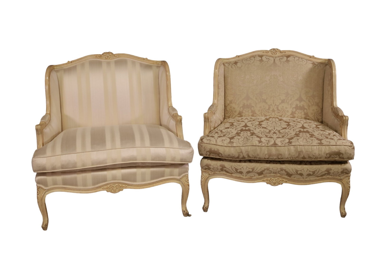 PAIR OF FRENCH STYLE ARM CHAIRS: PAIR OF LARGE CONTEMPORARY ARM CHAIRS, STRIPED AND FLORAL UPHOLSTERY. 27" W x 32" D x 37" H. THIS ITEM EXCEEDS SIZE LIMITATIONS FOR IN HOUSE SHIPPING.