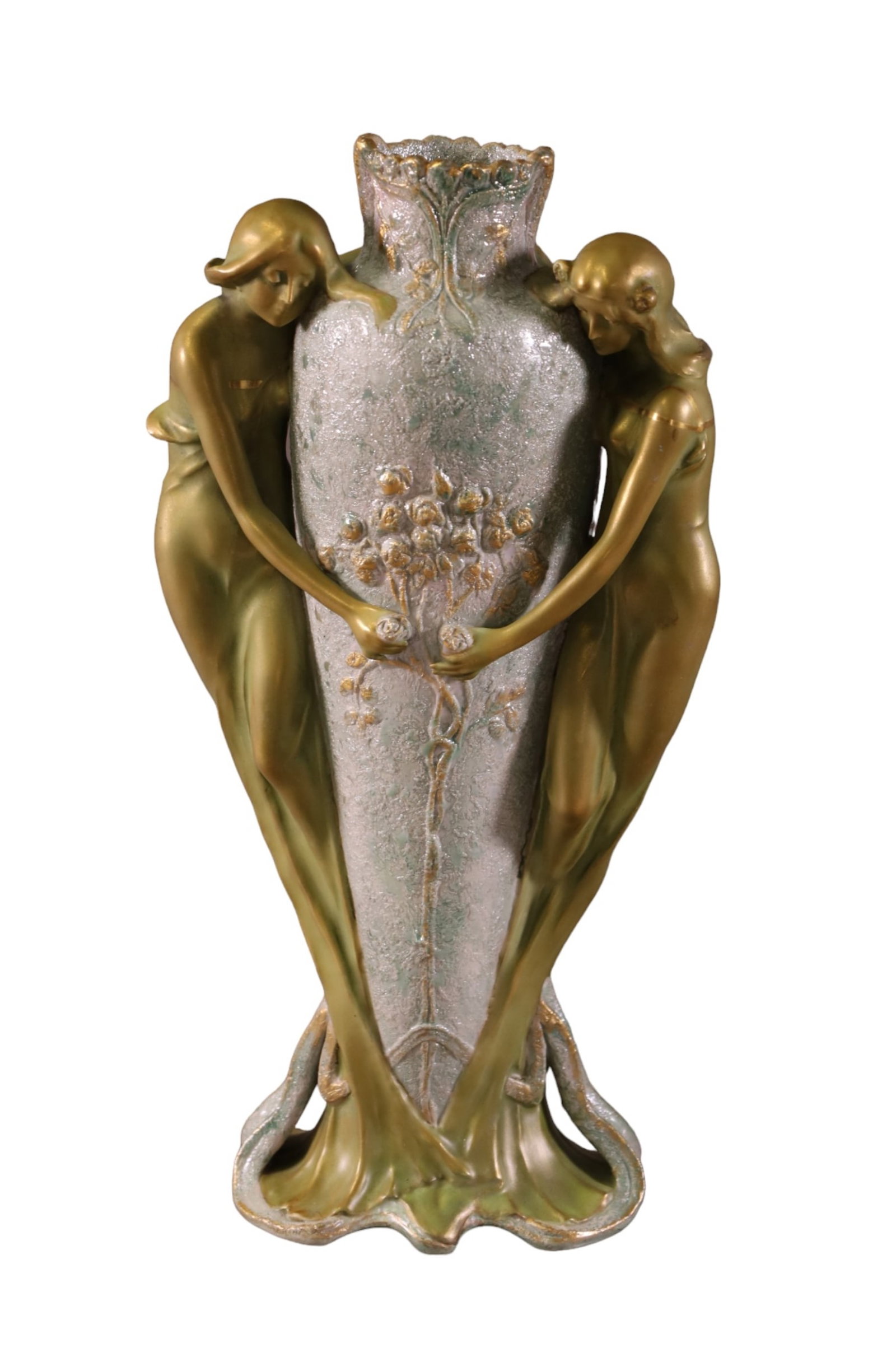 AMPHORA NUDE VASE: AUSTRIAN ERNST WAHLISS DOUBLE NUDE FIGURE AMPHORA VASE. 12" H.