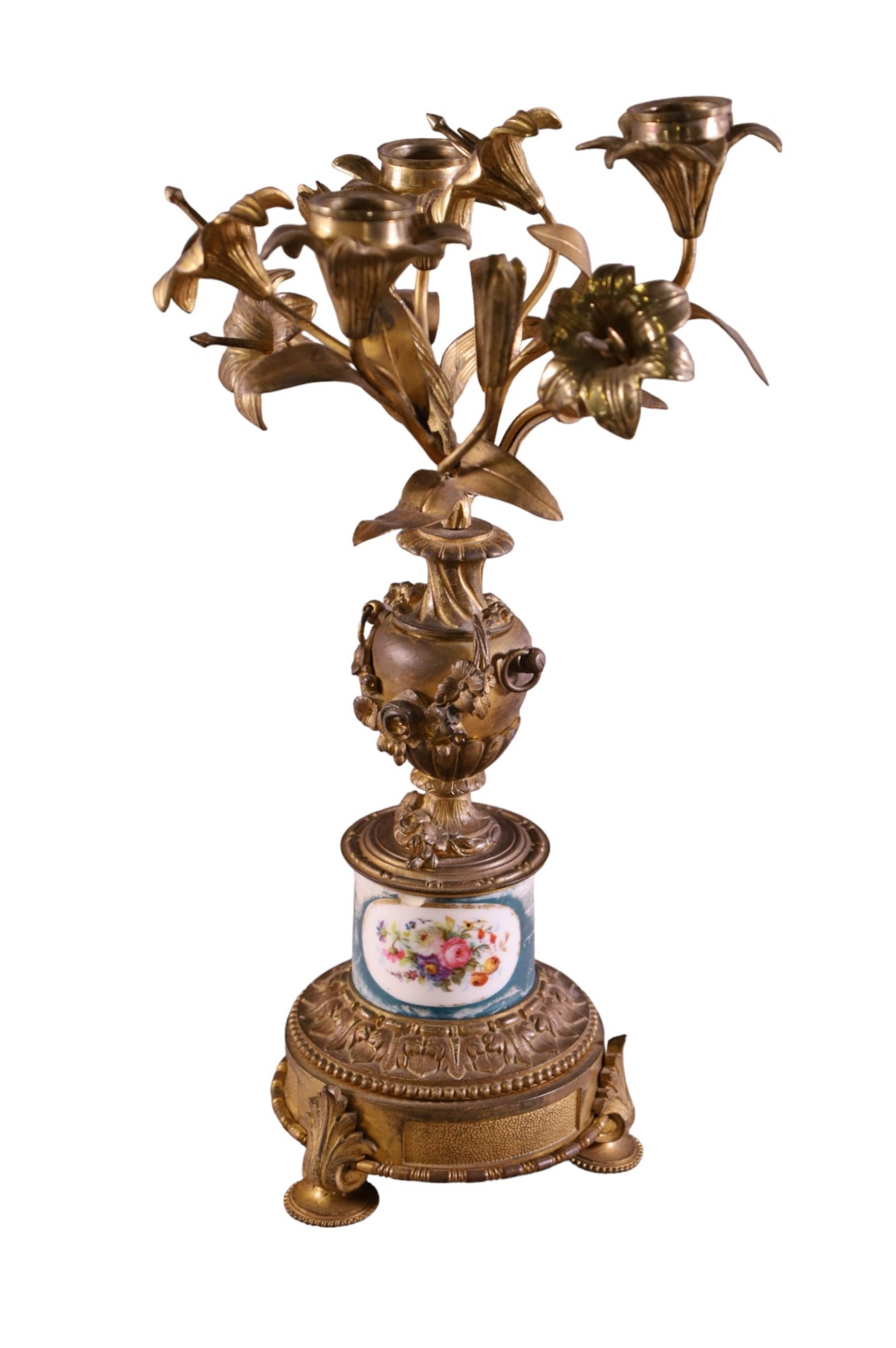 ANTIQUE BRASS & PORCELAIN CANDELABRA: HAND PAINTED PORCELAIN MEDALLION. 3 ARMS. 13 1/2" H