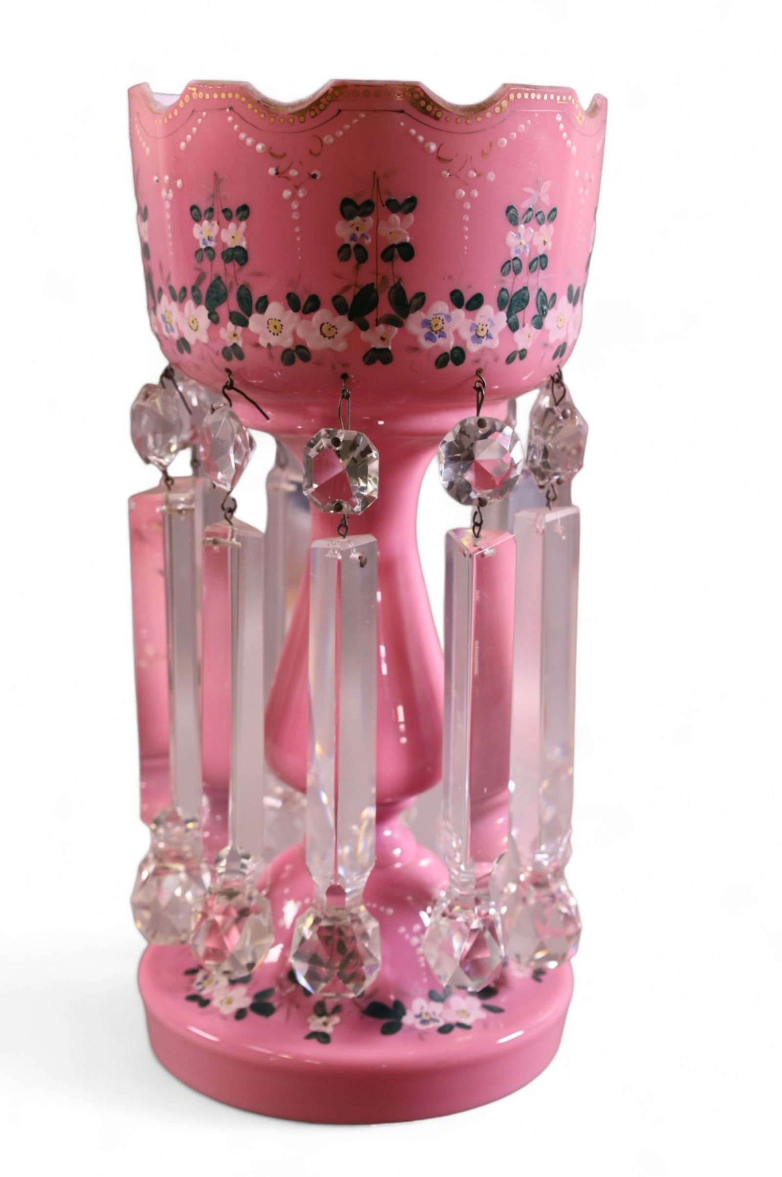 VICTORIAN PINK GLASS MANTLE LUSTER (1 of 3)