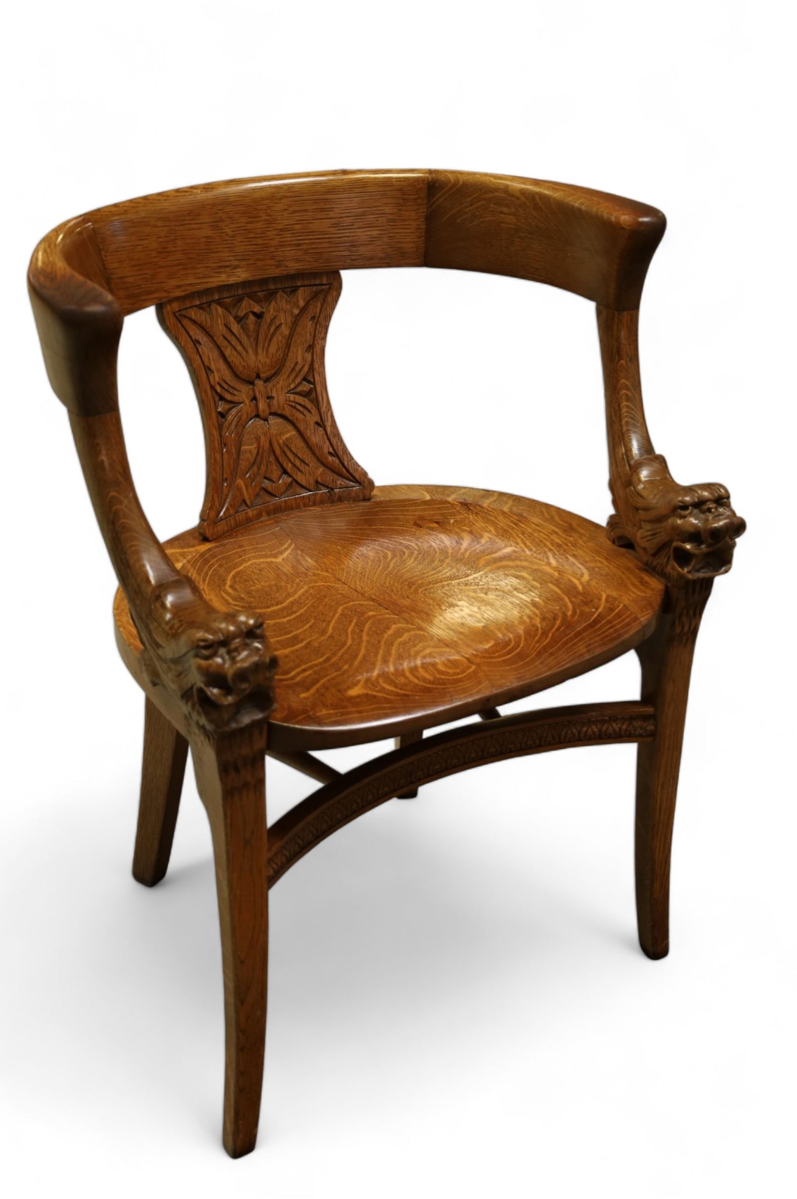 1900'S AMERICAN OAK ARMCHAIR W/ LION CARVING (1 of 3)