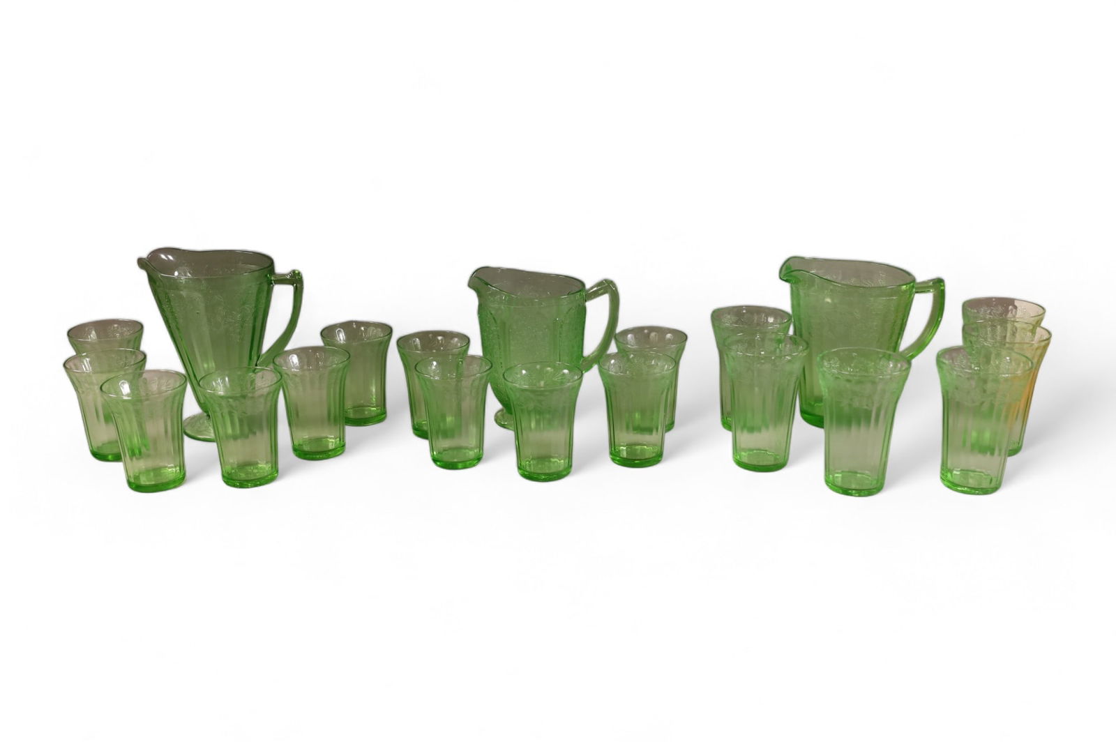 3 GREEN DEPRESSION GLASS DRINK SETS (1 of 4)