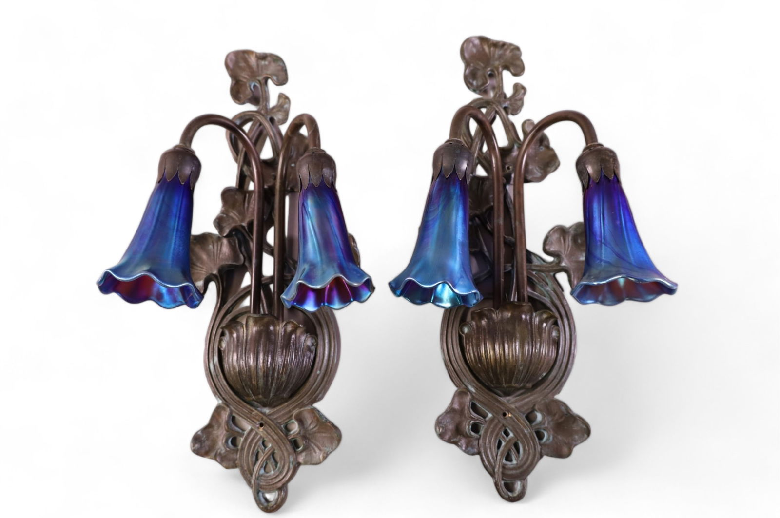 PAIR OF 2 ARM WALL SCONCES W. ART GLASS SHADES (1 of 5)