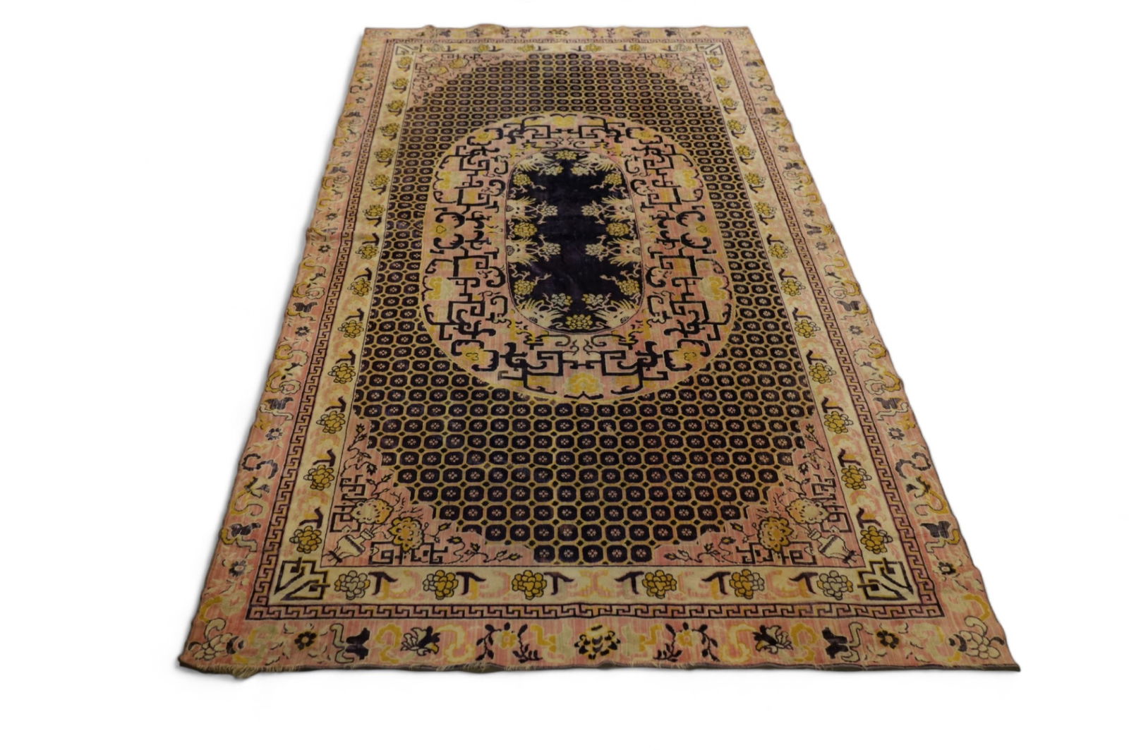 APPROX 8' 4" x 4' 8" THROW TAPESTRY: MACHINE MADE THROW TAPESTRY, MINOR EDGE WEAR. HOLE IN CENTER