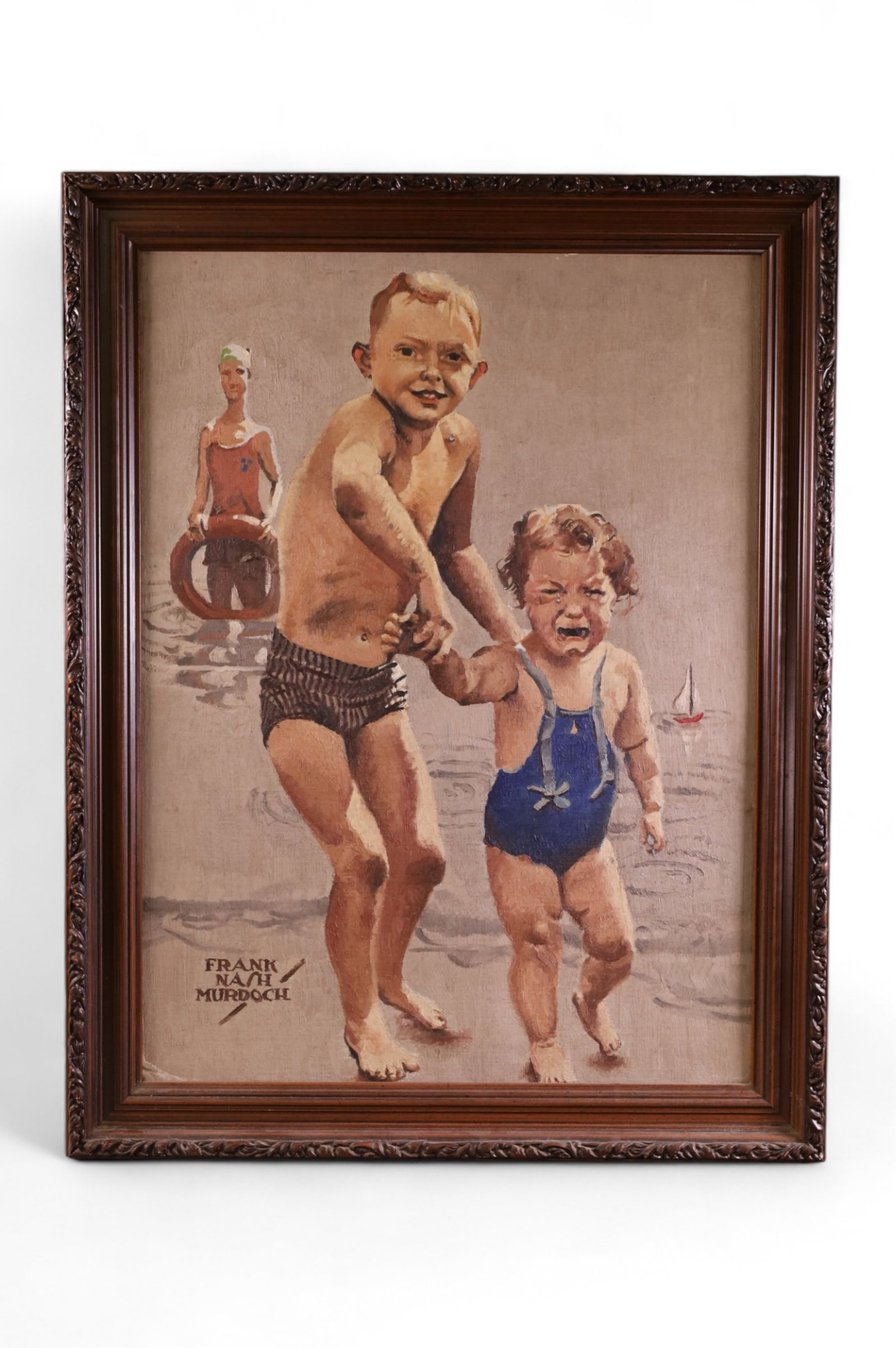 FRANK NASH MURDOCH OIL PAINTING: OIL ON BOARD, SIGNED LOWER LEFT, CHILDREN AT THE BEACH. 18" x 24" IMAGE SIZE / 21 1/2" x 27 1/2" IN FRAME.