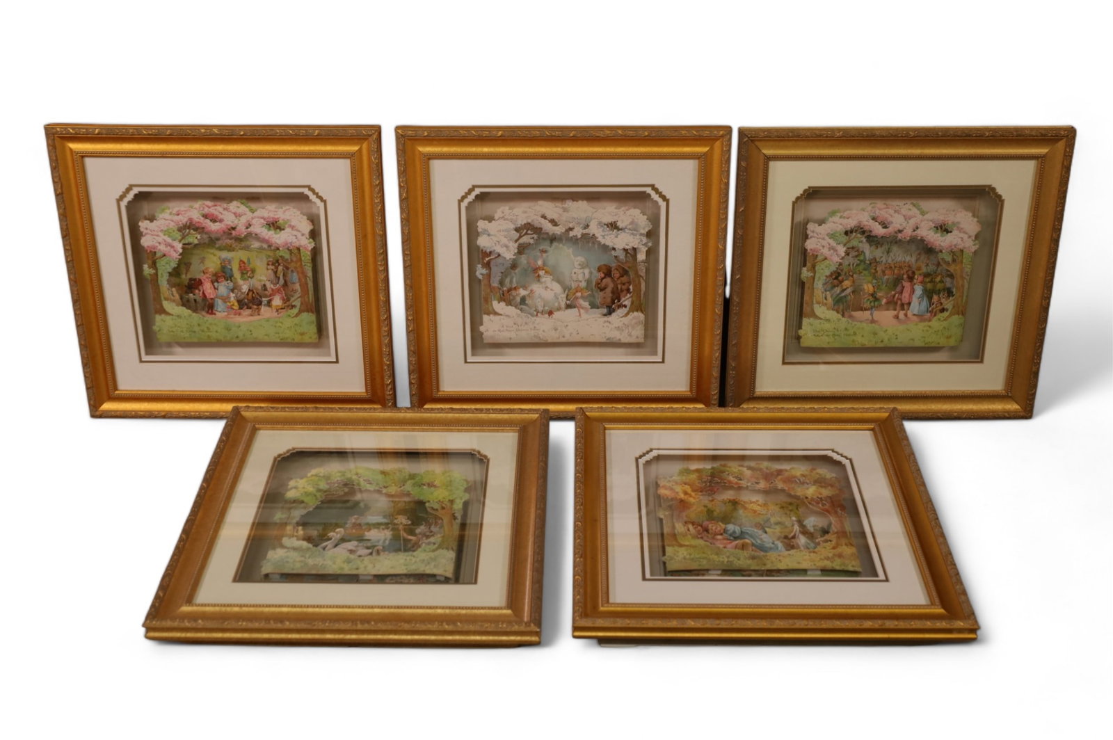 SET OF 5 FRAMED POP UP ILLUSTRATIONS: SHADOWBOX FRAMED, PEEPS INTO FAIRYLAND BY FRED WEATHERLY. 22" X 21" IN FRAME.