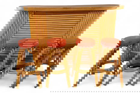 MID CENTURY MODERN RATTAN BAR: 1950'S PAUL FRANKL STYLE MID CENTURY MODERN RATTAN BAR WITH LAMINATE TOP, 4 BARSTOOLS, NEED REUPHOLSTERED, REPAIR TO RIGHT CORNER OF BAR. 72" W x 23" D x 43" H. & 30" H BARSTOOLS. THIS ITEM EXCEEDS SI
