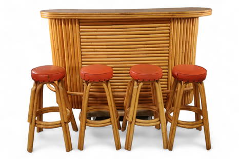 MID CENTURY MODERN RATTAN BAR: 1950'S PAUL FRANKL STYLE MID CENTURY MODERN RATTAN BAR WITH LAMINATE TOP, 4 BARSTOOLS, NEED REUPHOLSTERED, REPAIR TO RIGHT CORNER OF BAR. 72" W x 23" D x 43" H. & 30" H BARSTOOLS. THIS ITEM EXCEEDS SI