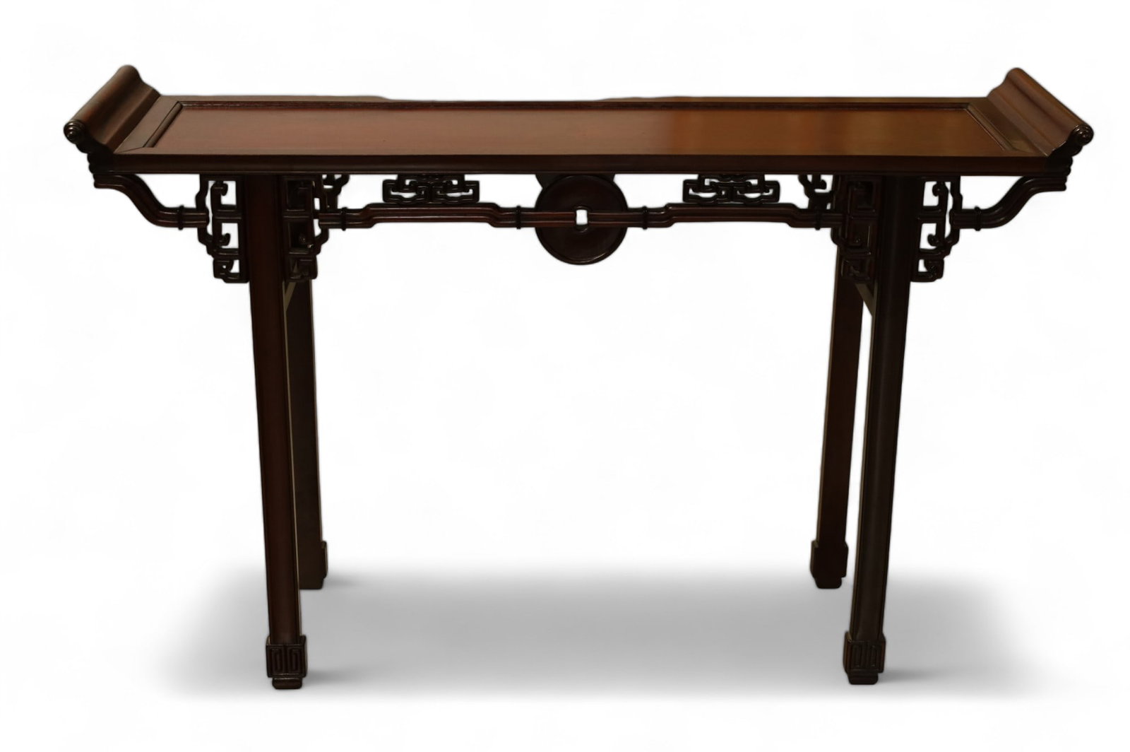 CHINESE HARDWOOD ALTAR TABLE: CARVED CHINESE HARDWOOD ALTAR TABLE, SOME LOOSE FRETWORK PIECES. 53" L x 15" D x 34" H. THIS ITEM EXCEEDS SIZE LIMITATIONS FOR IN HOUSE SHIPPING.
